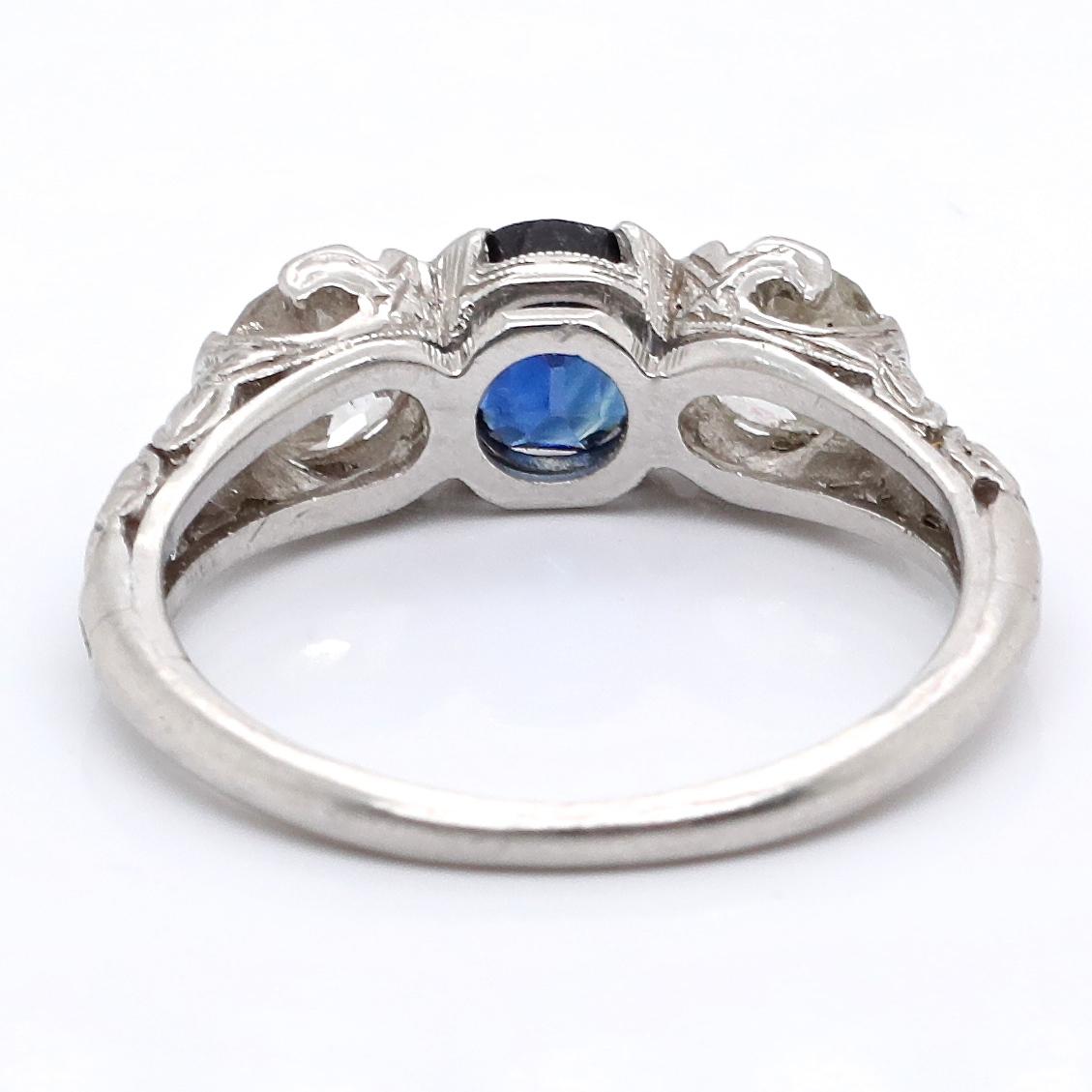 Art Deco Diamond Sapphire Platinum Three-Stone Ring 1