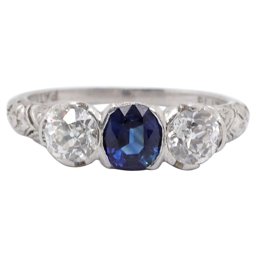 Art Deco Diamond Sapphire Platinum Three-Stone Ring