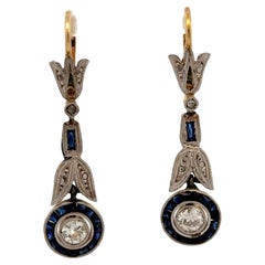Art Deco Diamond Sapphire Platinum Yellow Gold Dangle Antique Earrings
