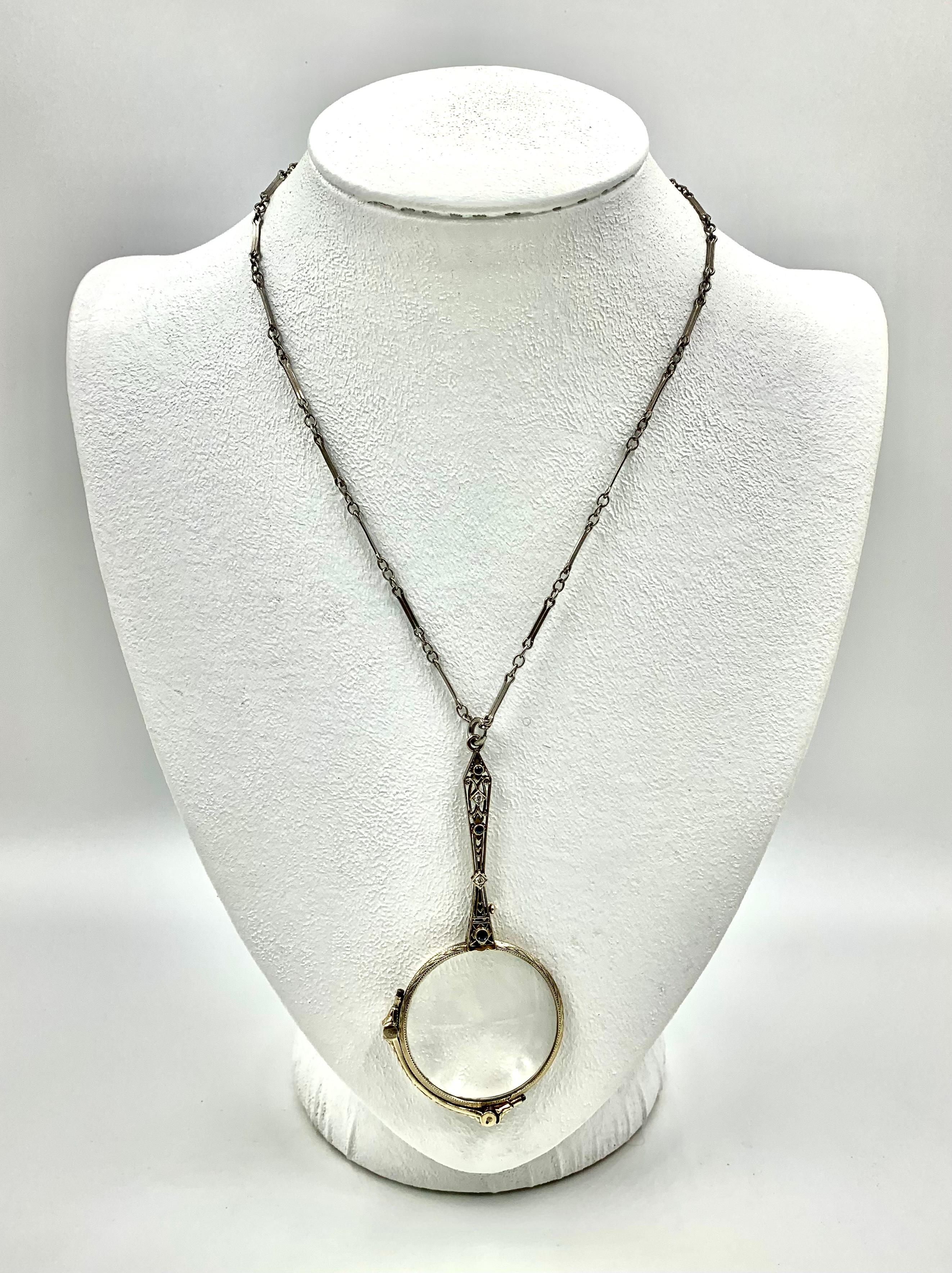 Art Deco Diamond Sapphire Reticulated 14K White Gold Lorgnette Pendant For Sale 6