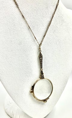 Art Deco Diamond Sapphire Reticulated 14K White Gold Lorgnette Pendant