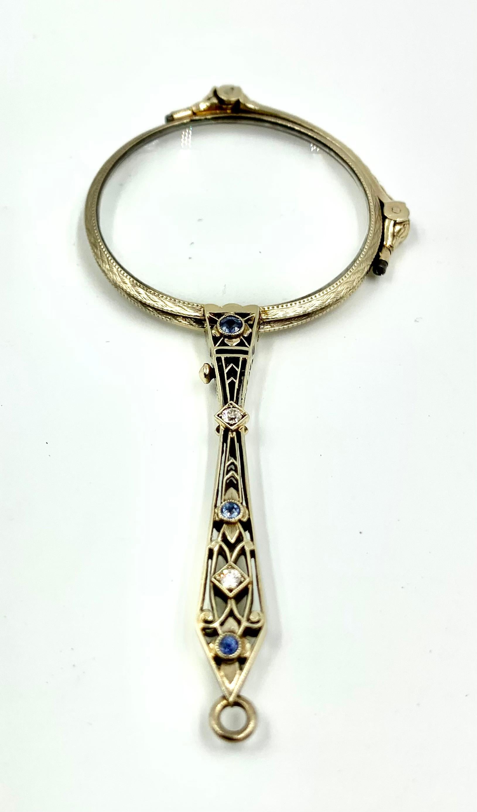 Art Deco Diamond Sapphire Reticulated 14K White Gold Lorgnette Pendant In Good Condition For Sale In New York, NY