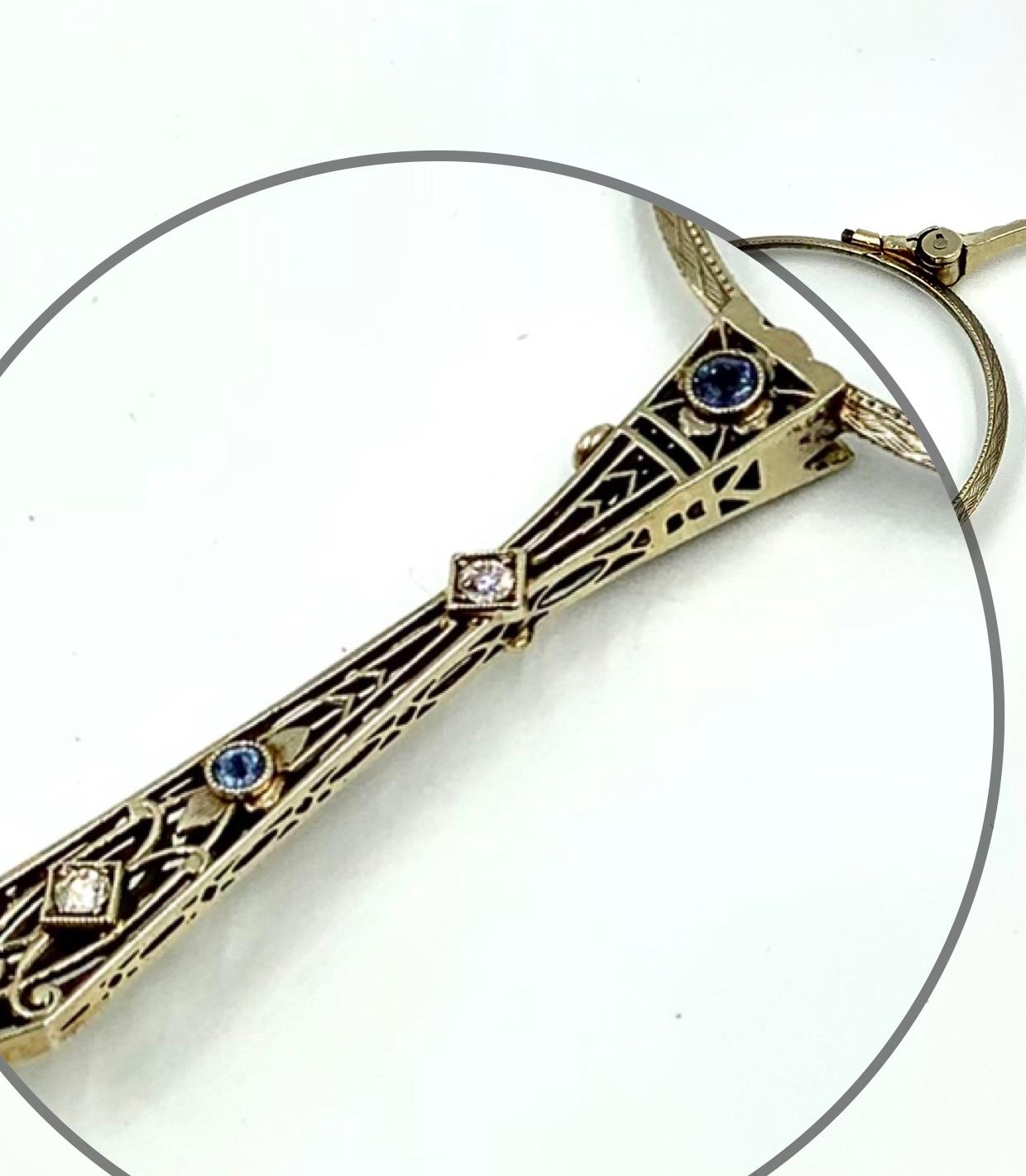 Art Deco Diamond Sapphire Reticulated 14K White Gold Lorgnette Pendant For Sale 1