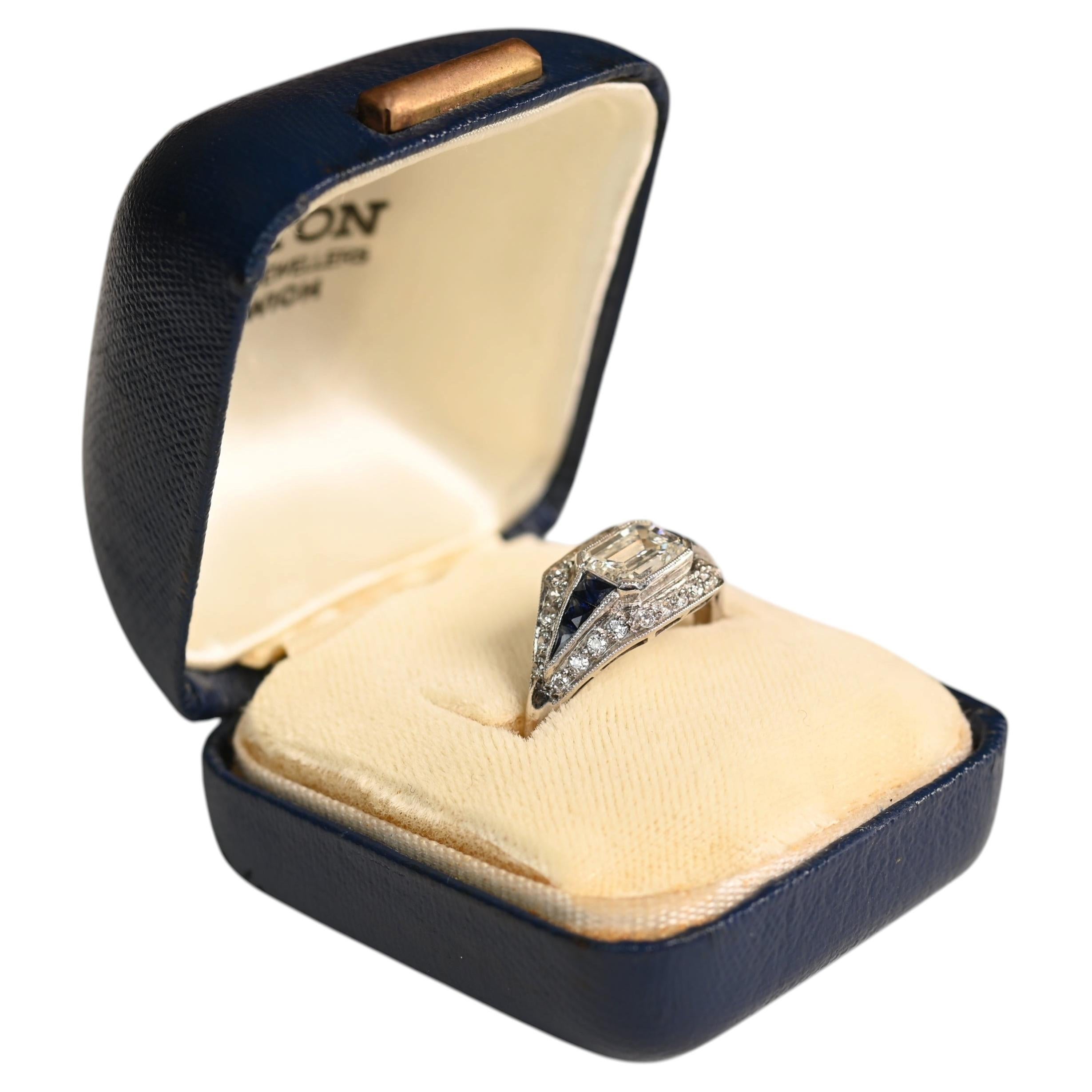 Art Deco Diamond Sapphire Ring. 1.10ct Diamond Engagement Platinum Ring I VS2 For Sale