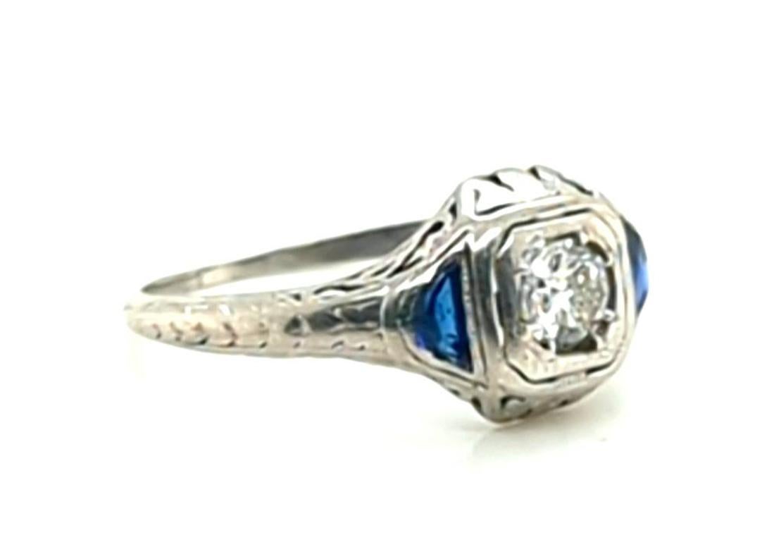 Round Cut Art Deco Diamond Sapphire Ring .25ct RBC French Cut Original 1930's Platinum For Sale