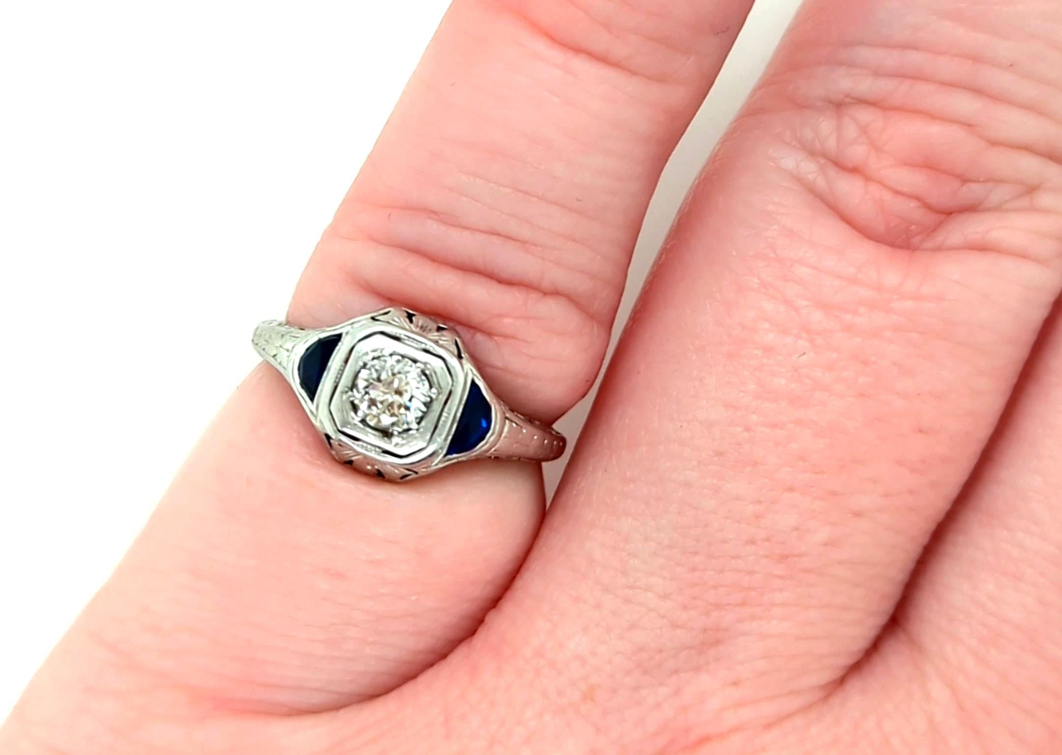 Art Deco Diamond Sapphire Ring .25ct RBC French Cut Original 1930's Platinum For Sale 1