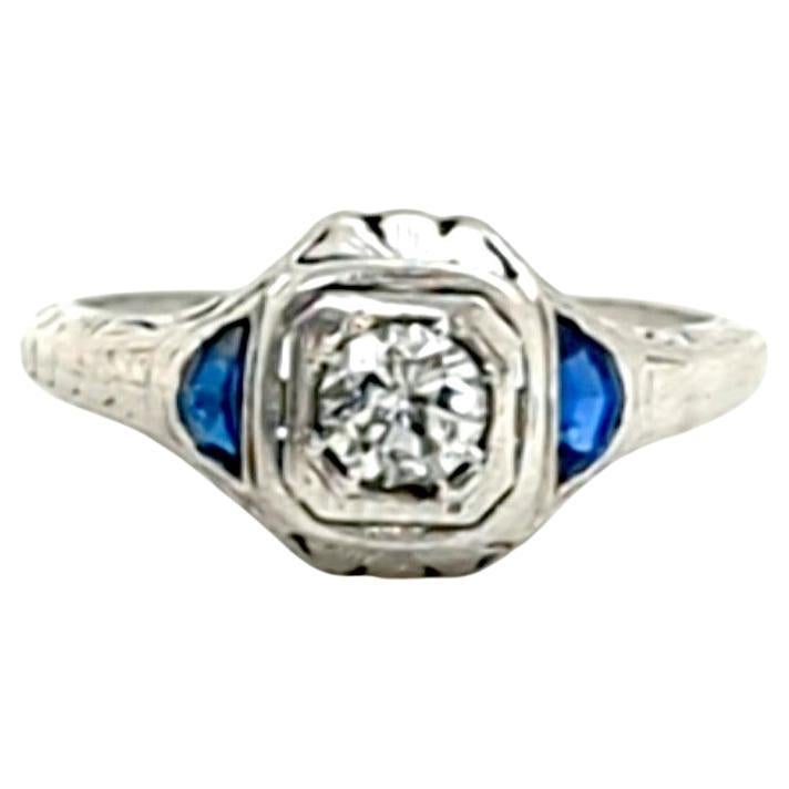 Art Deco Diamond Sapphire Ring .25ct RBC French Cut Original 1930's Platinum