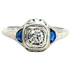 Art Deco Diamond Sapphire Ring .25ct Round Brilliant Cut Original 1930's Platinu