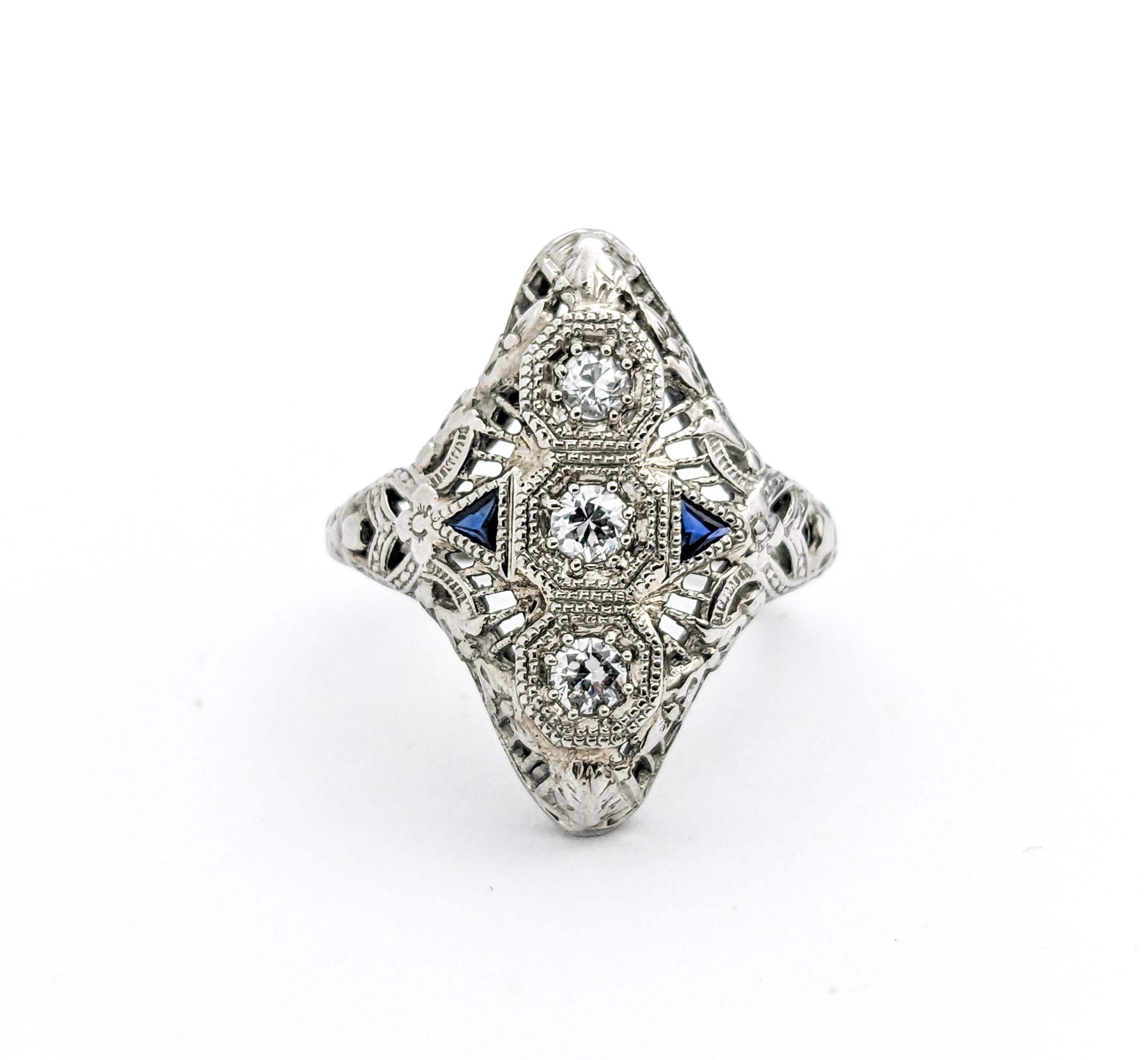 Art Deco Diamond & Sapphire Ring In White Gold For Sale 5