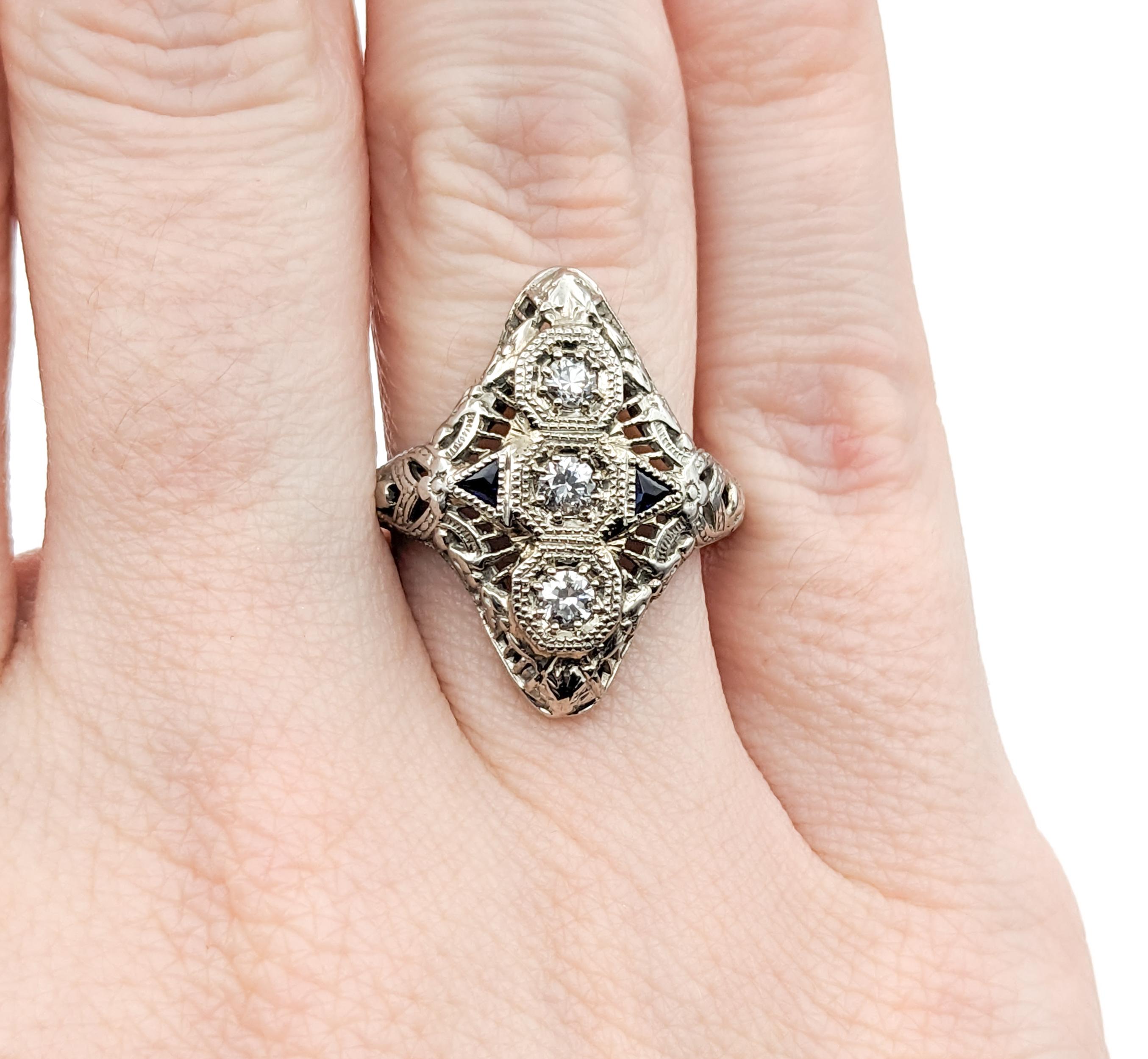 Women's Art Deco Diamond & Sapphire Ring In White Gold For Sale