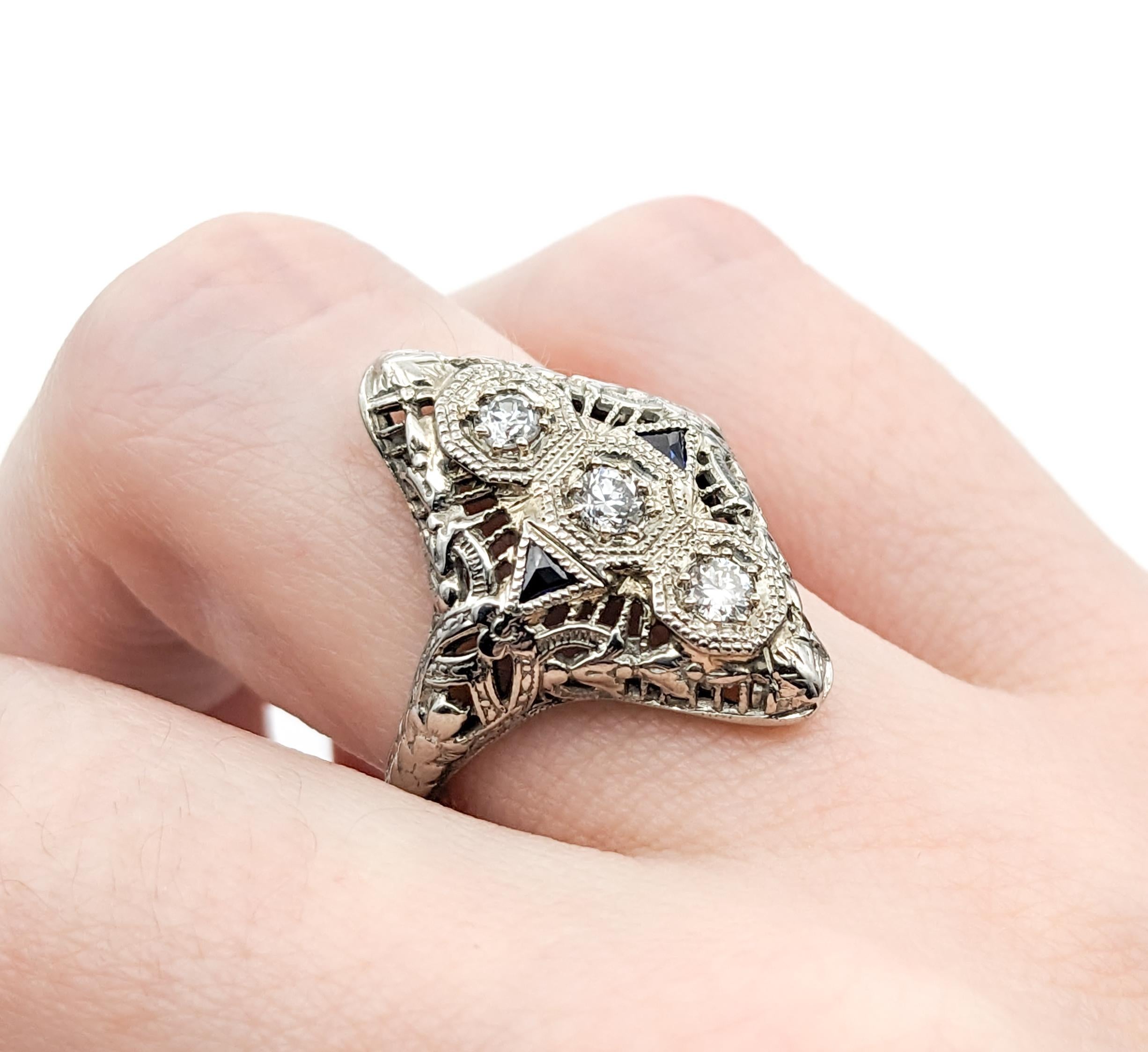 Art Deco Diamond & Sapphire Ring In White Gold For Sale 1