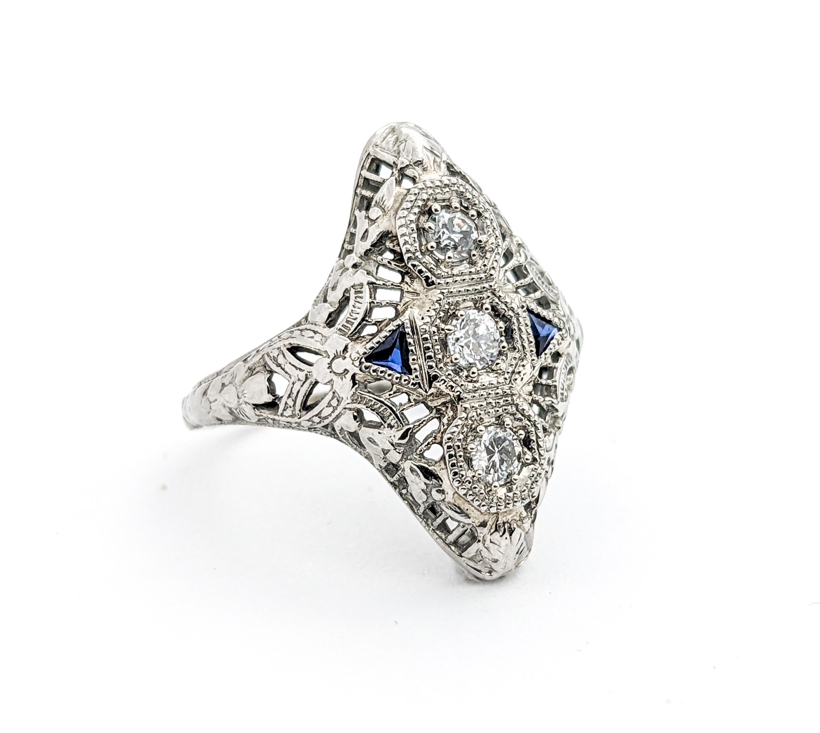 Art Deco Diamond & Sapphire Ring In White Gold For Sale 2