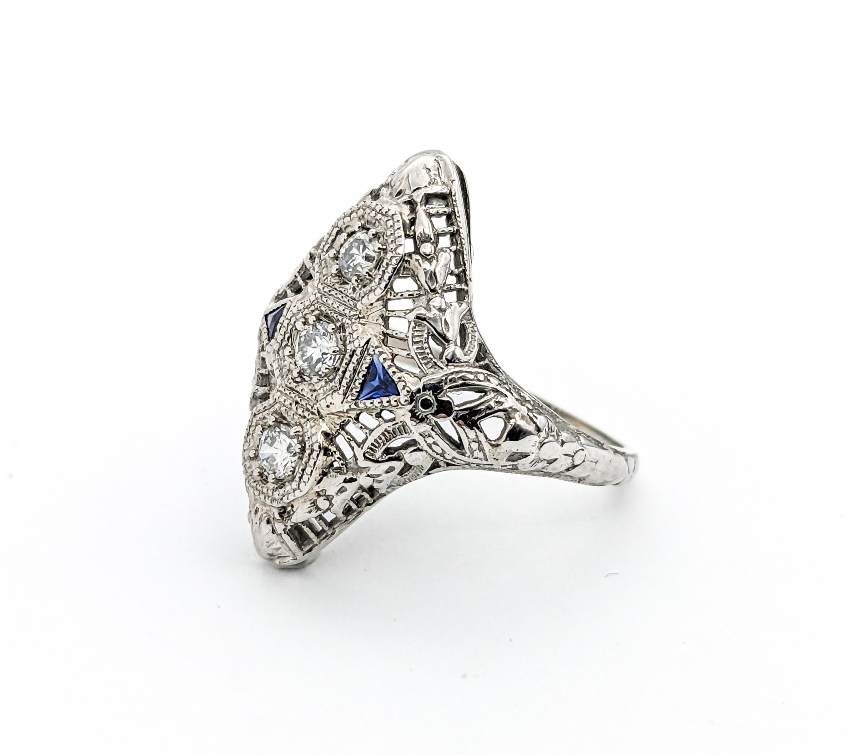 Art Deco Diamond & Sapphire Ring In White Gold For Sale 4