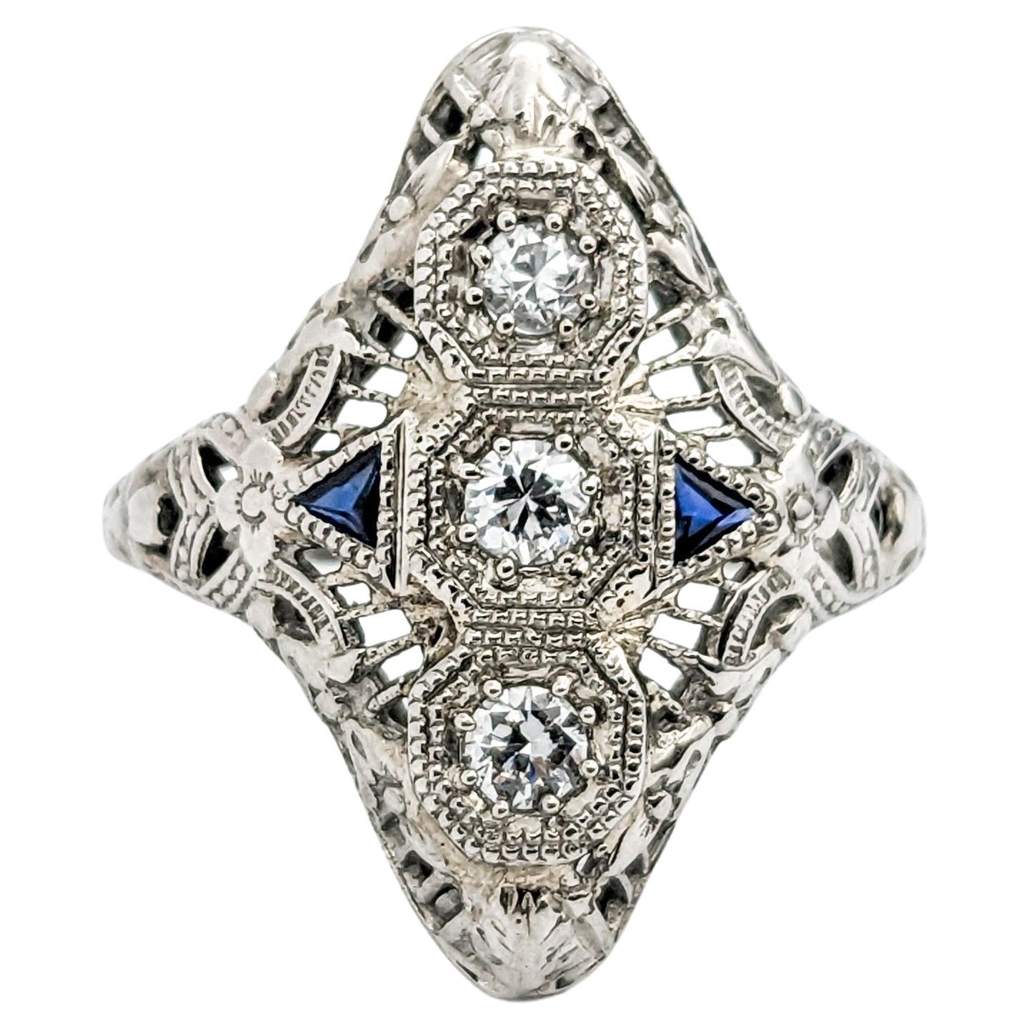 Art Deco Diamond & Sapphire Ring In White Gold For Sale