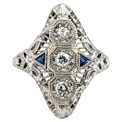 Retro Art Deco Diamond & Sapphire Ring In White Gold