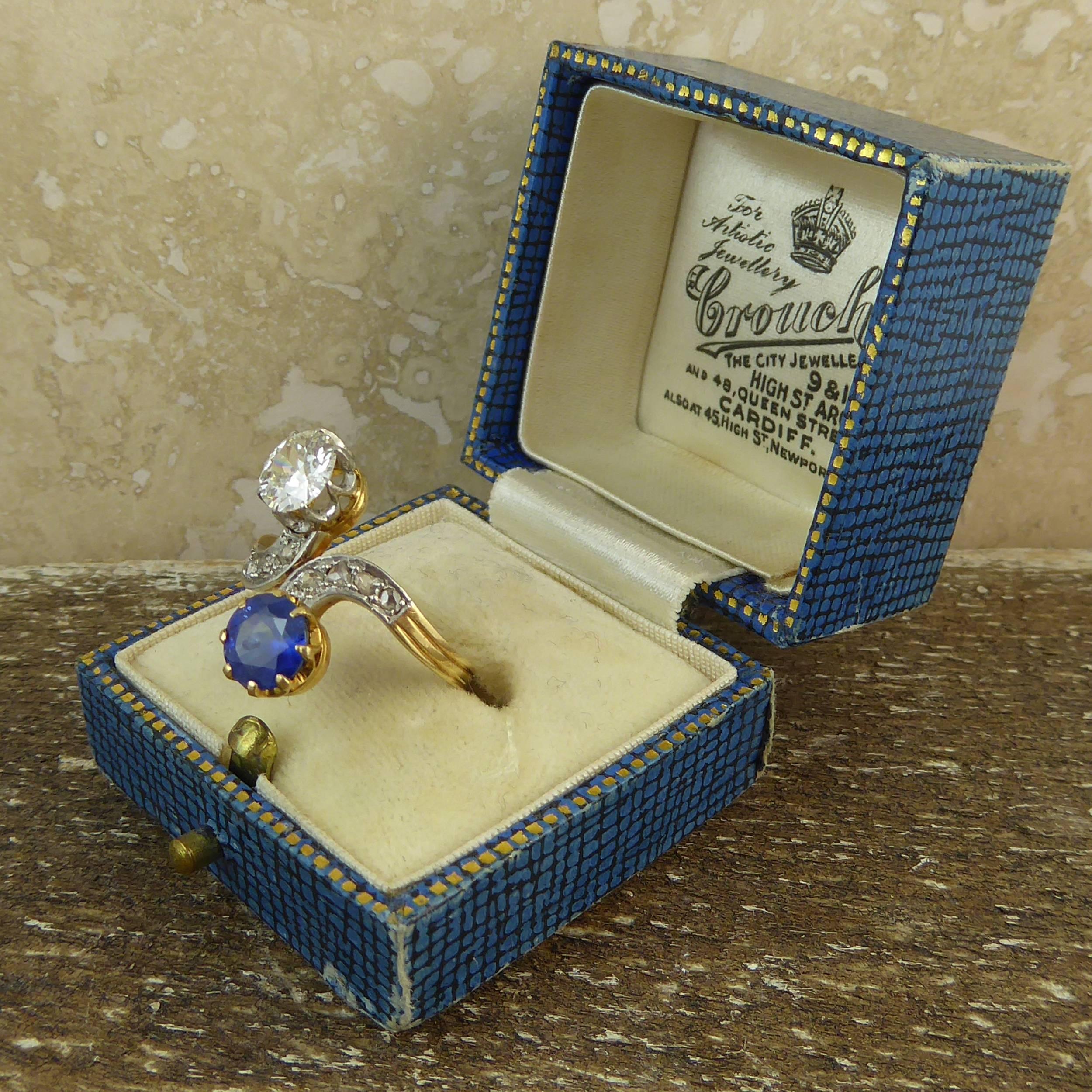 Art Deco Diamond Sapphire Ring, Toi et Moi, 18 Carat Gold, circa 1920s In Excellent Condition In Yorkshire, West Yorkshire