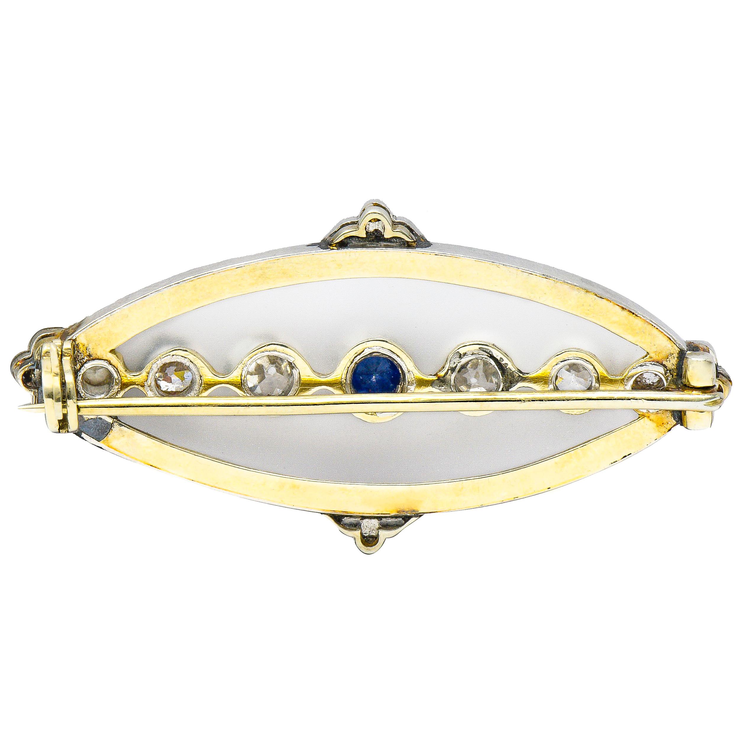 Old European Cut Art Deco Diamond Sapphire Rock Crystal Platinum 18 Karat White Gold Brooch