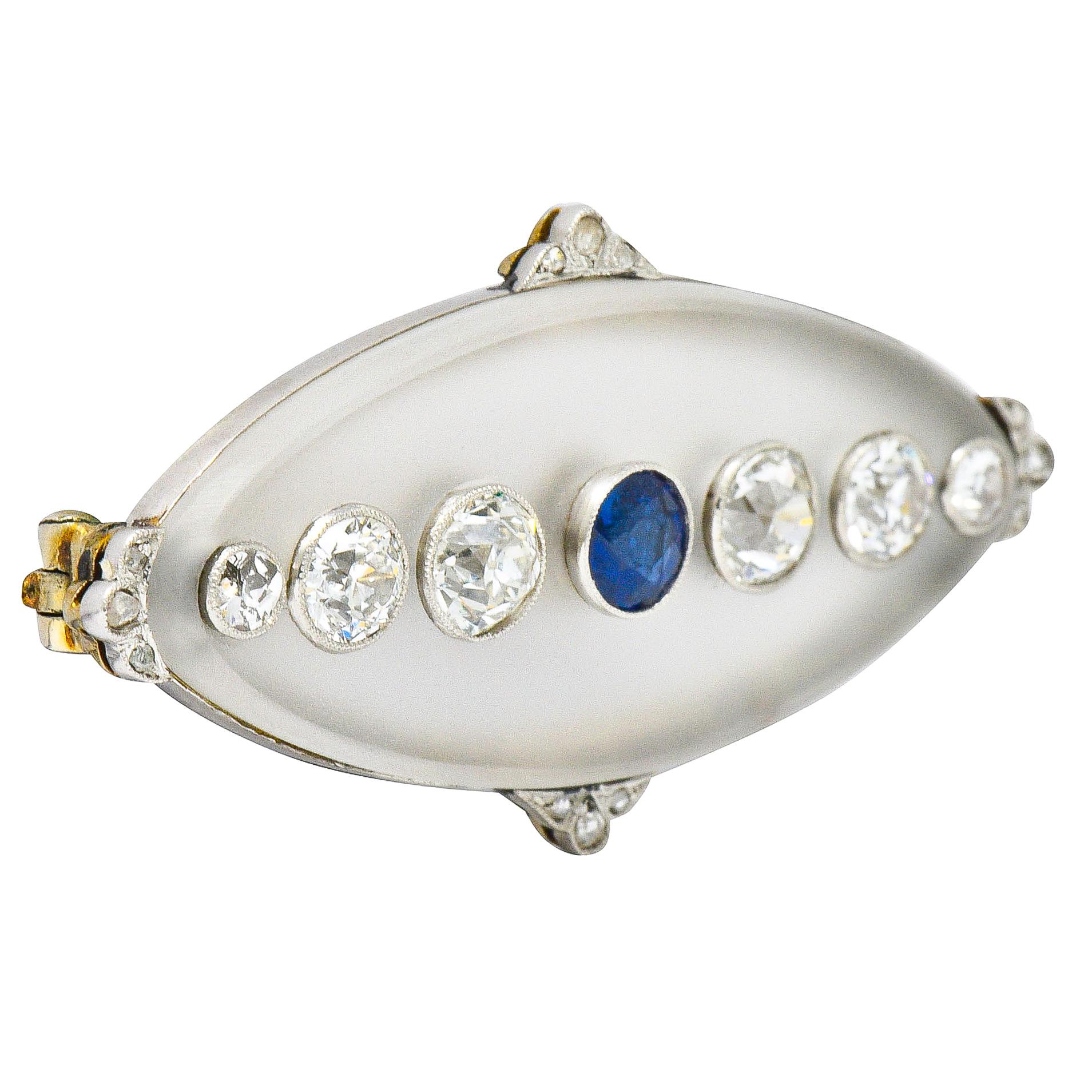 Art Deco Diamond Sapphire Rock Crystal Platinum 18 Karat White Gold Brooch In Excellent Condition In Philadelphia, PA