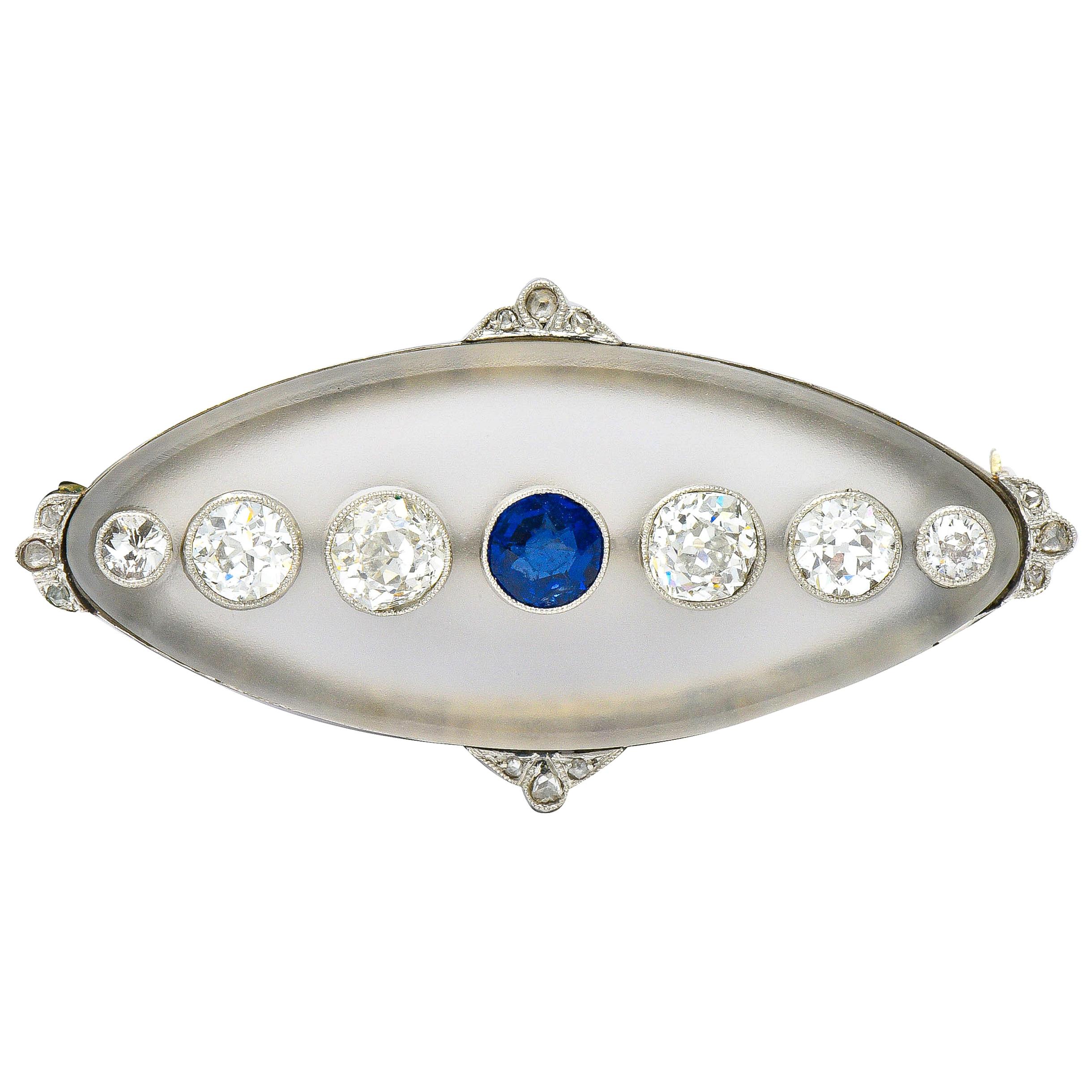 Art Deco Diamond Sapphire Rock Crystal Platinum 18 Karat White Gold Brooch