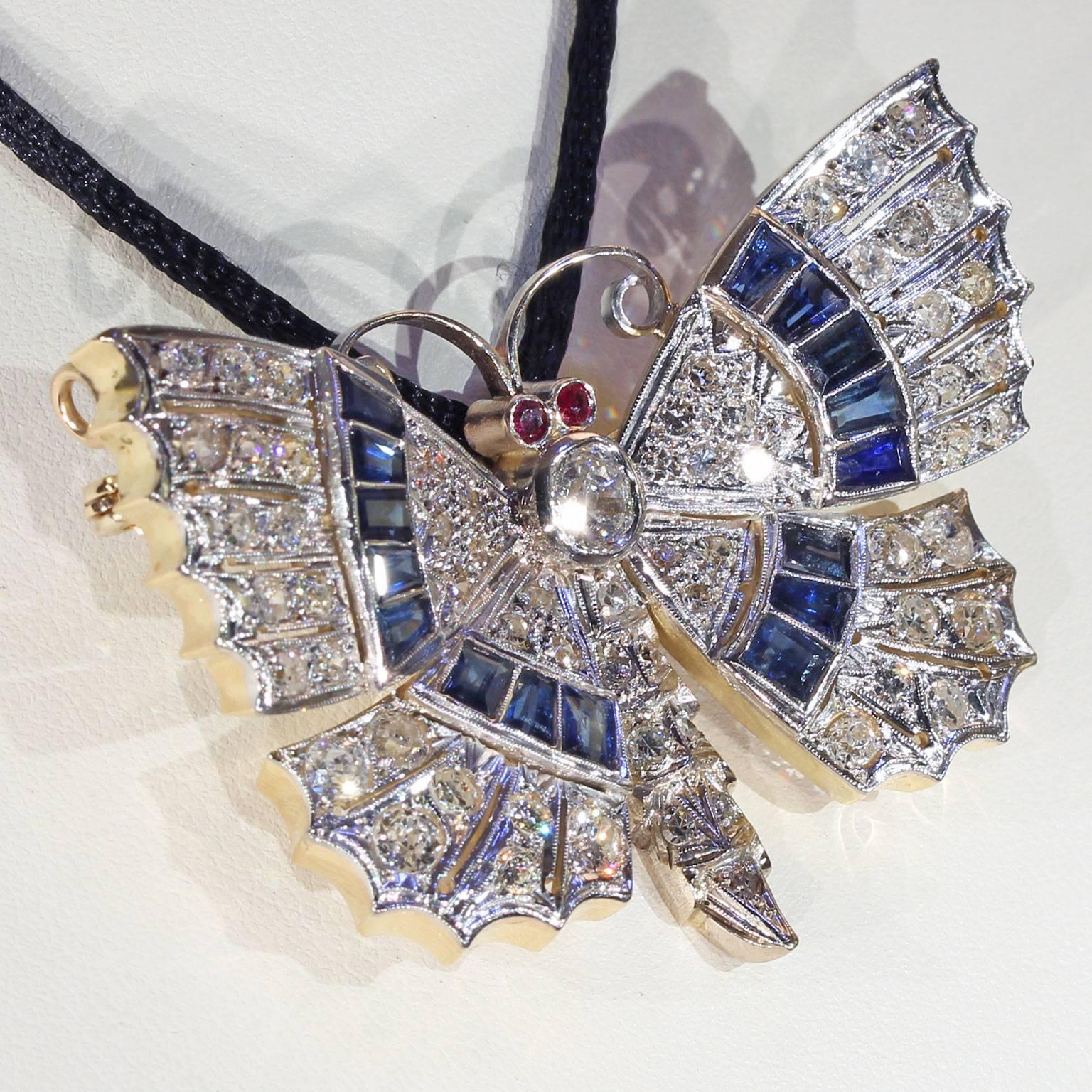 Old European Cut Art Deco Diamond Sapphire Ruby Butterfly Pin Pendant