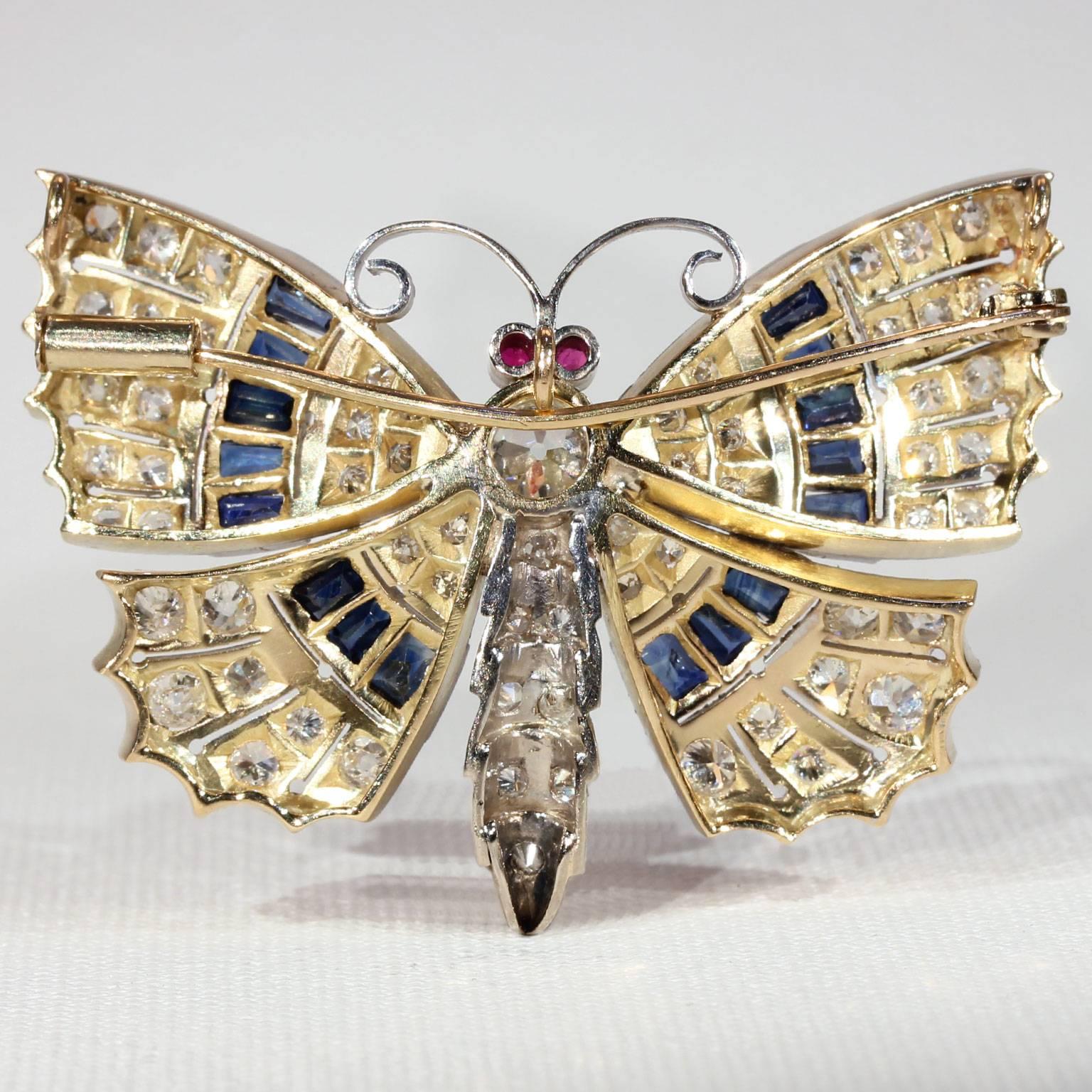 Art Deco Diamond Sapphire Ruby Butterfly Pin Pendant 1