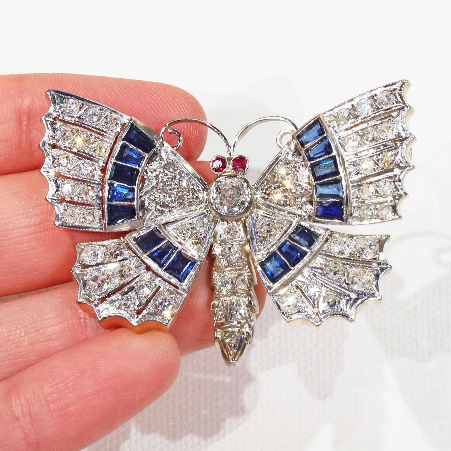 Art Deco Diamond Sapphire Ruby Butterfly Pin Pendant 2