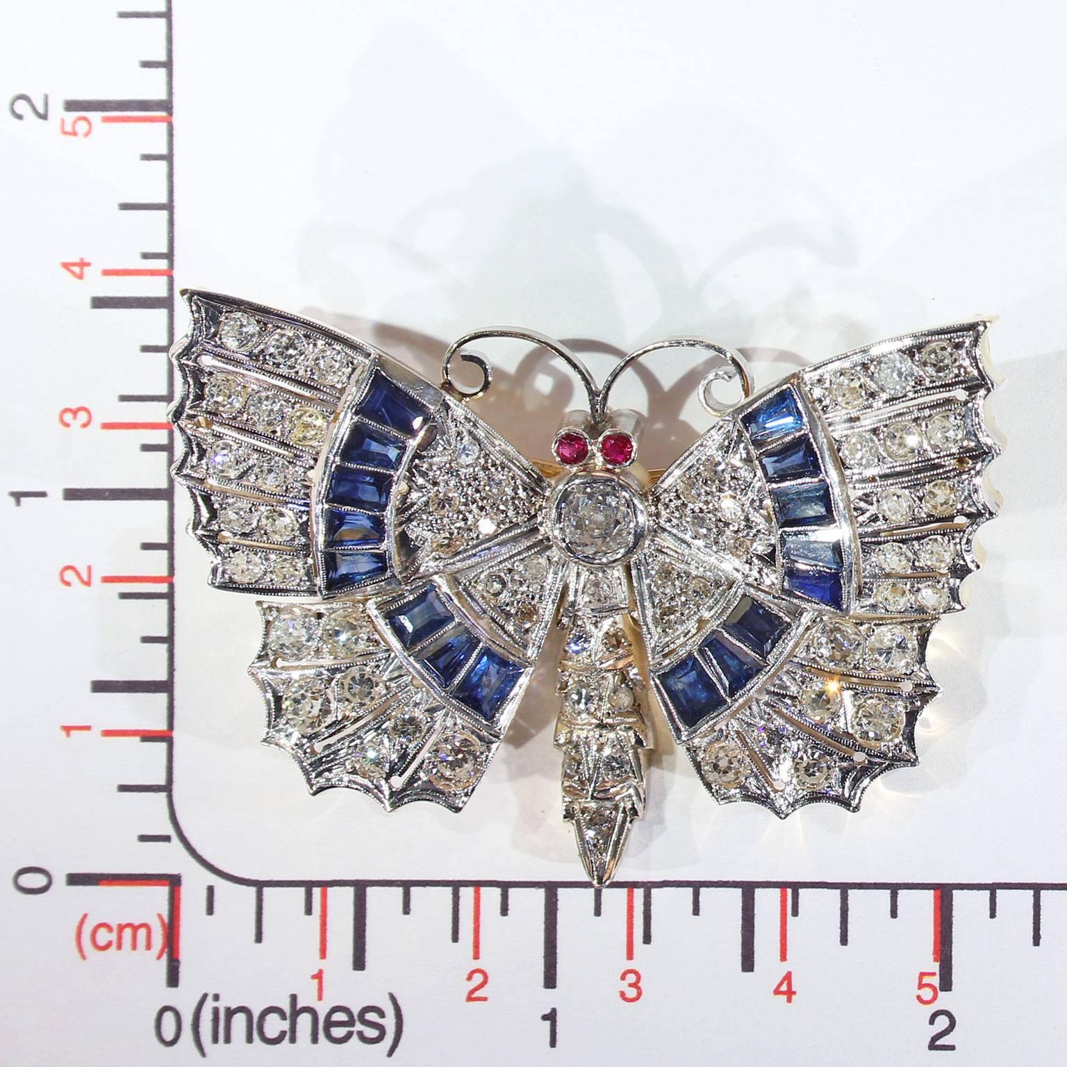Art Deco Diamond Sapphire Ruby Butterfly Pin Pendant 3