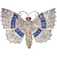 Antique Art Deco Diamond Sapphire Ruby Butterfly Pin Pendant