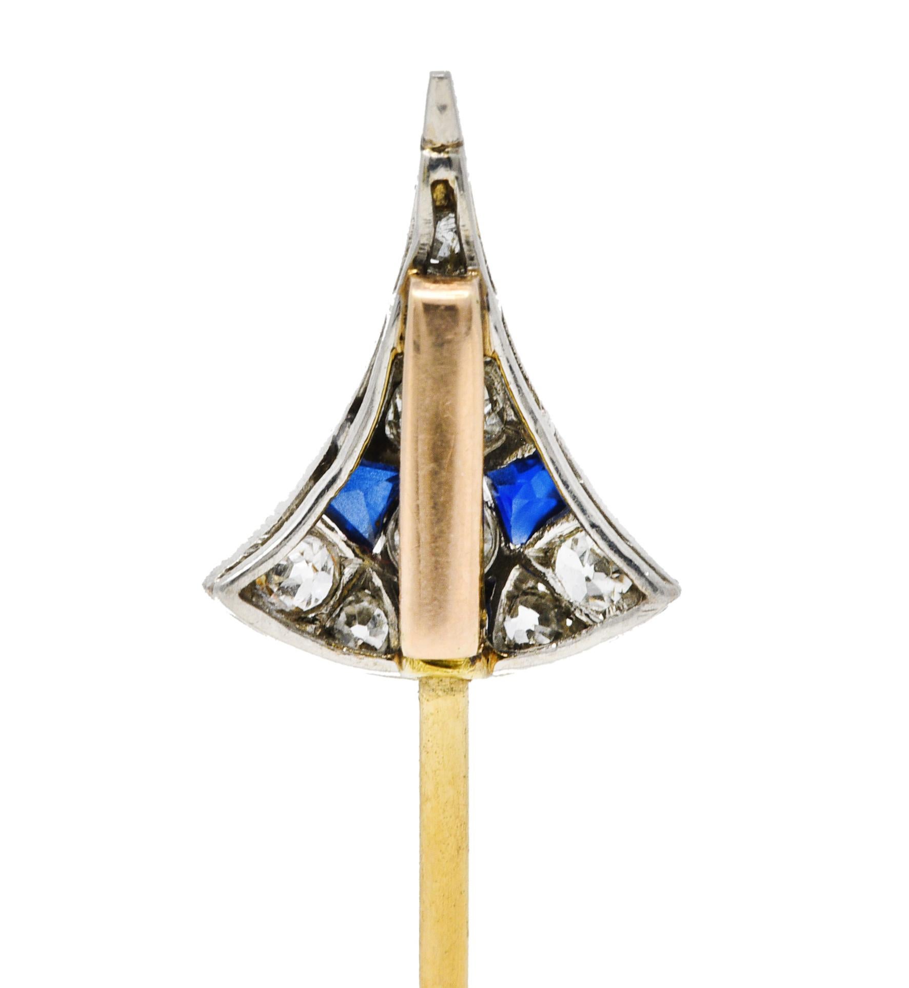 Art Deco Diamond Sapphire Ruby Pearl Platinum 18 Karat Gold Antique Arrow Jabot In Excellent Condition In Philadelphia, PA