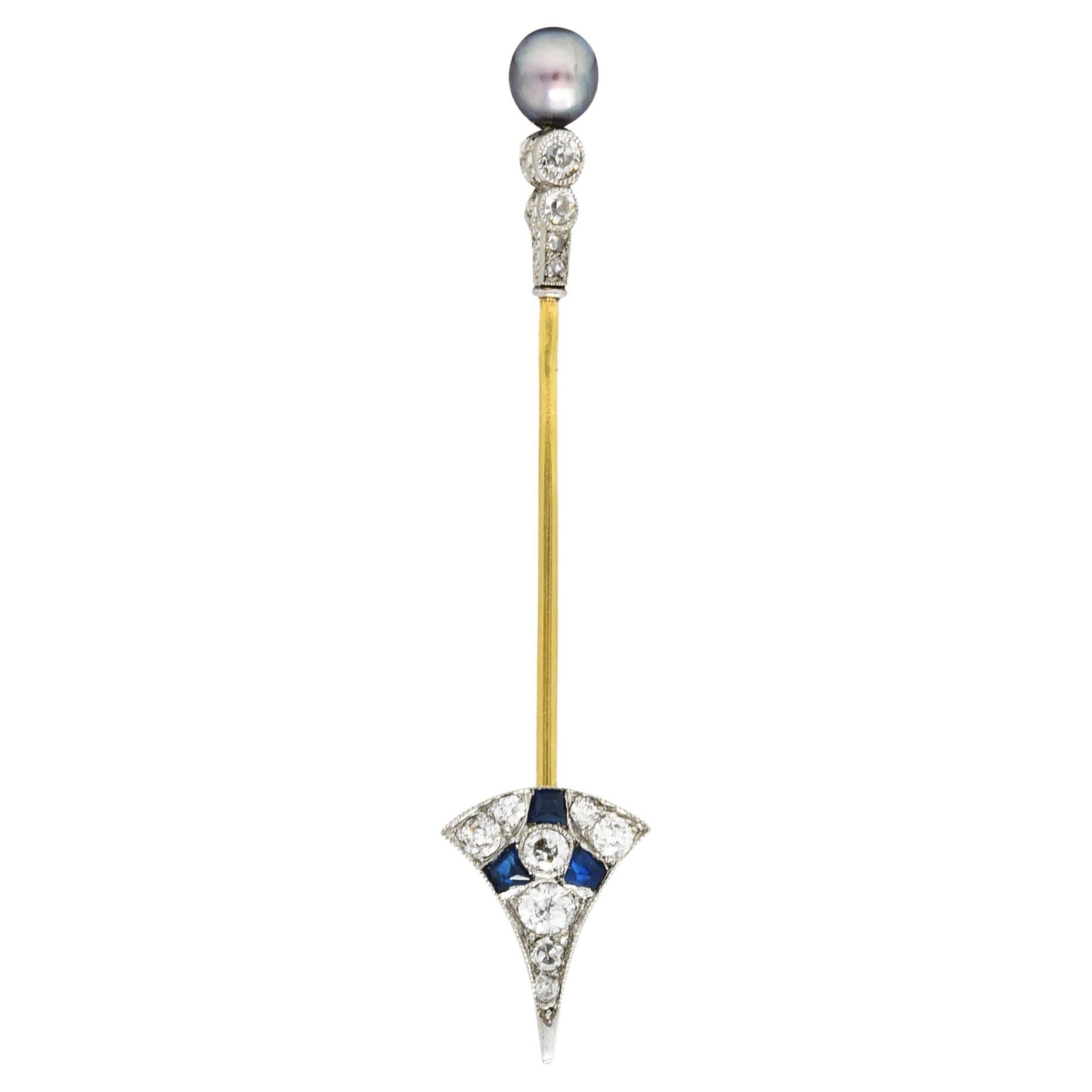 Art Deco Diamond Sapphire Ruby Pearl Platinum 18 Karat Gold Antique Arrow Jabot