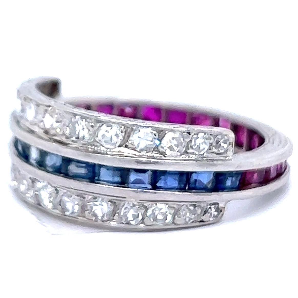 Women's or Men's Art Deco Diamond Sapphire Ruby Platinum Ring