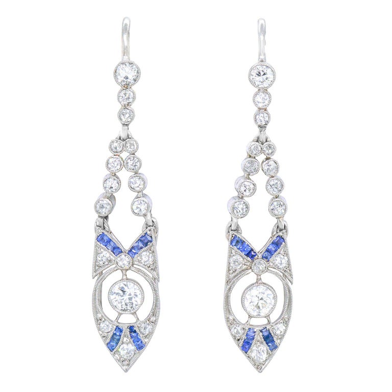 Art Deco Diamond And Sapphire Set, Diamond Chandelier Earrings Art Deco
