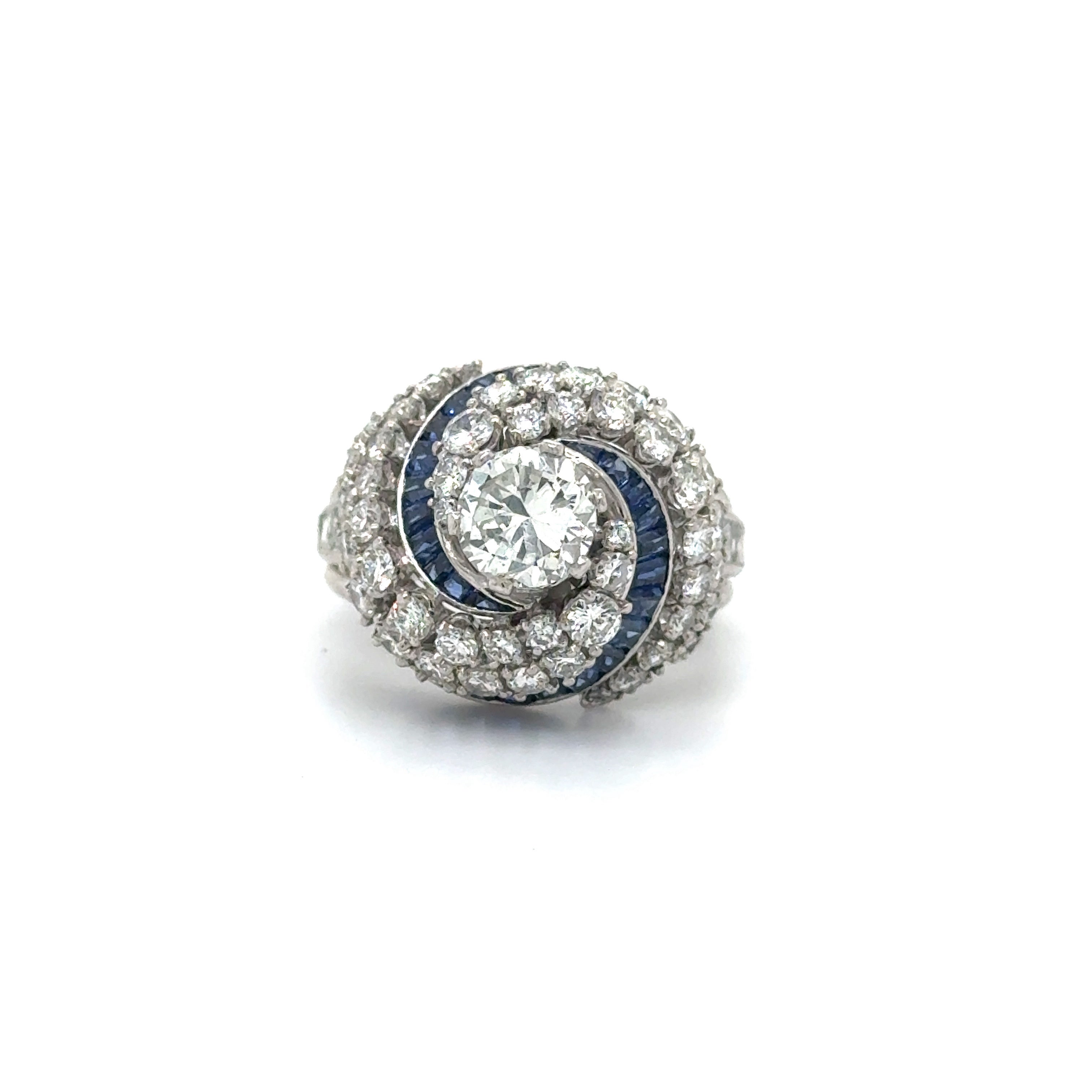 Mixed Cut Art Deco Diamond & Sapphire Swirling Ballerina Ring Platinum 4.50 Carat