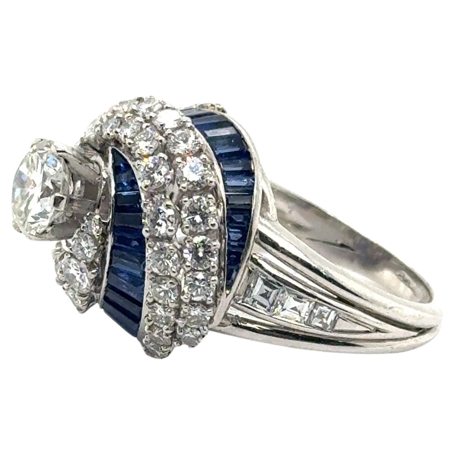 Art Deco Diamond & Sapphire Swirling Ballerina Ring Platinum 4.50 Carat In Good Condition In MIAMI, FL