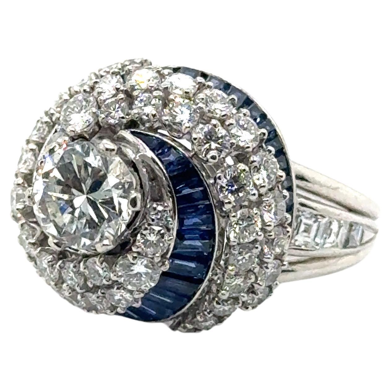 Women's or Men's Art Deco Diamond & Sapphire Swirling Ballerina Ring Platinum 4.50 Carat