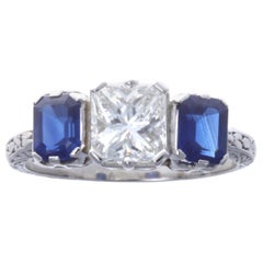 Art Deco Diamond Sapphire Three-Stone Platinum Ring