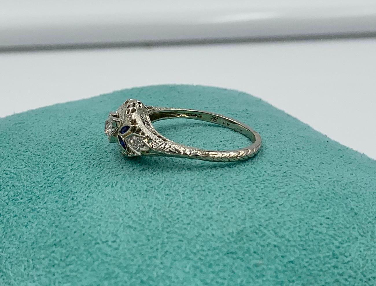 Art Deco Diamond Sapphire Wedding Engagement Ring 18 Karat White Gold Stacking For Sale 2