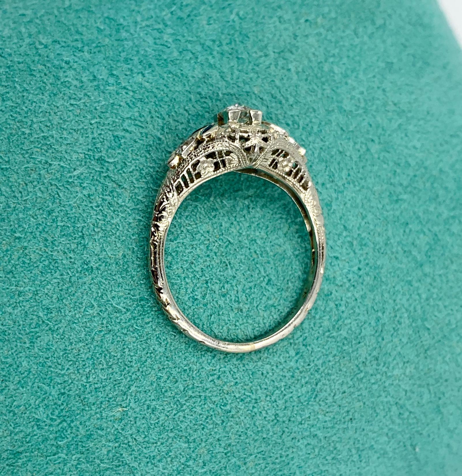 Art Deco Diamond Sapphire Wedding Engagement Ring 18 Karat White Gold Stacking For Sale 3