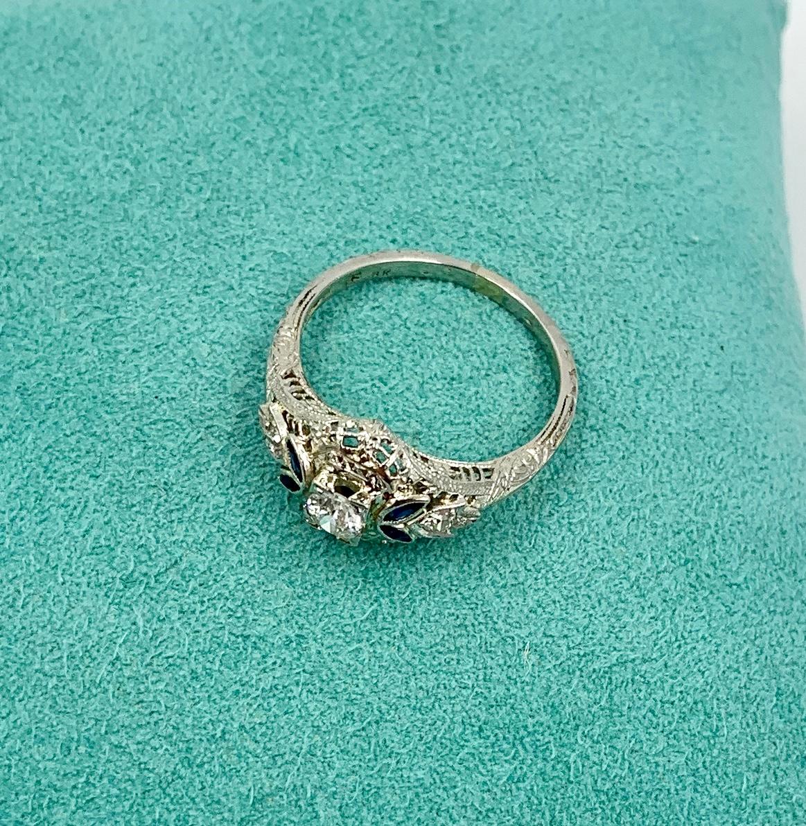 Art Deco Diamond Sapphire Wedding Engagement Ring 18 Karat White Gold Stacking For Sale 4