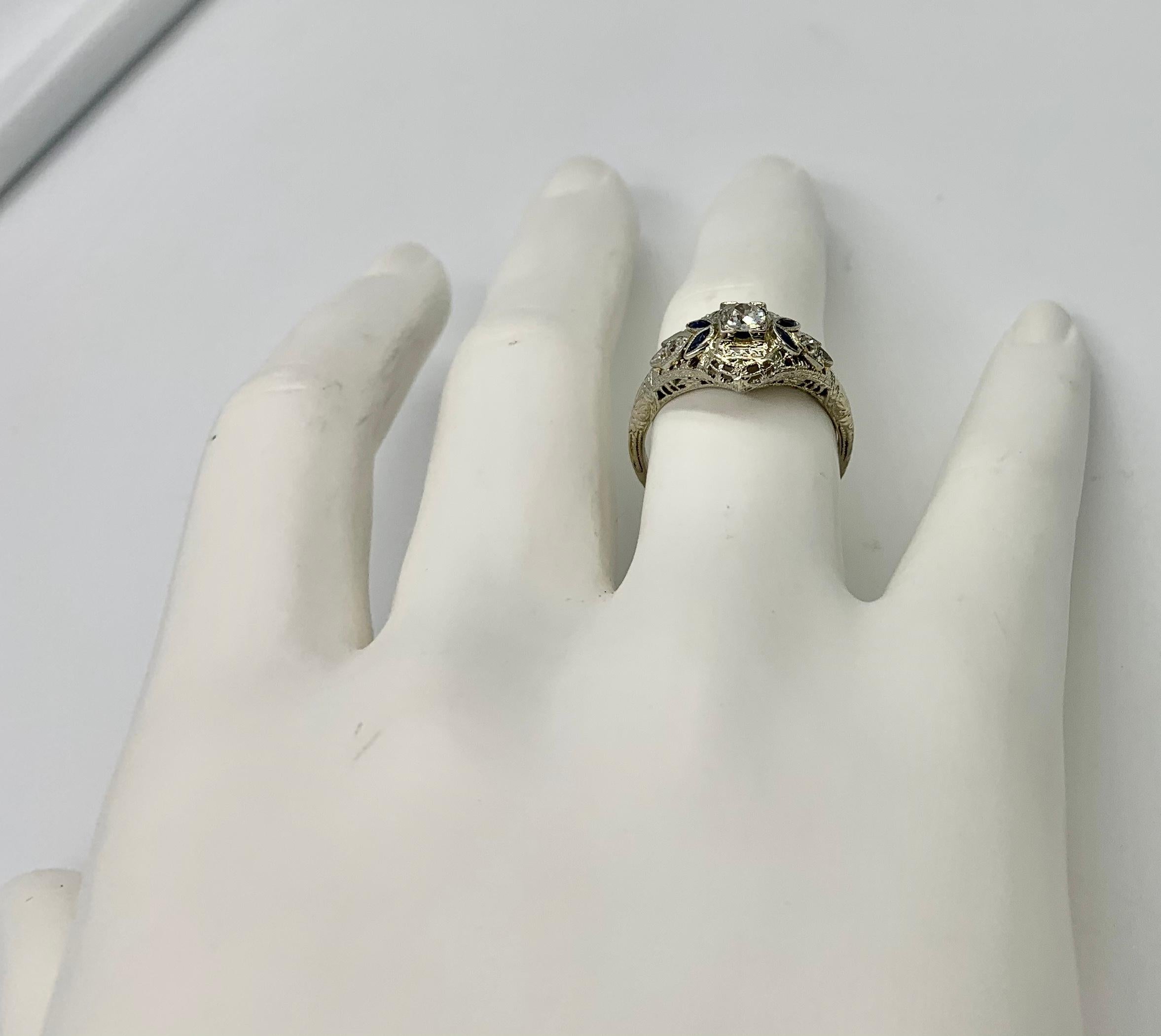 Art Deco Diamond Sapphire Wedding Engagement Ring 18 Karat White Gold Stacking For Sale 5