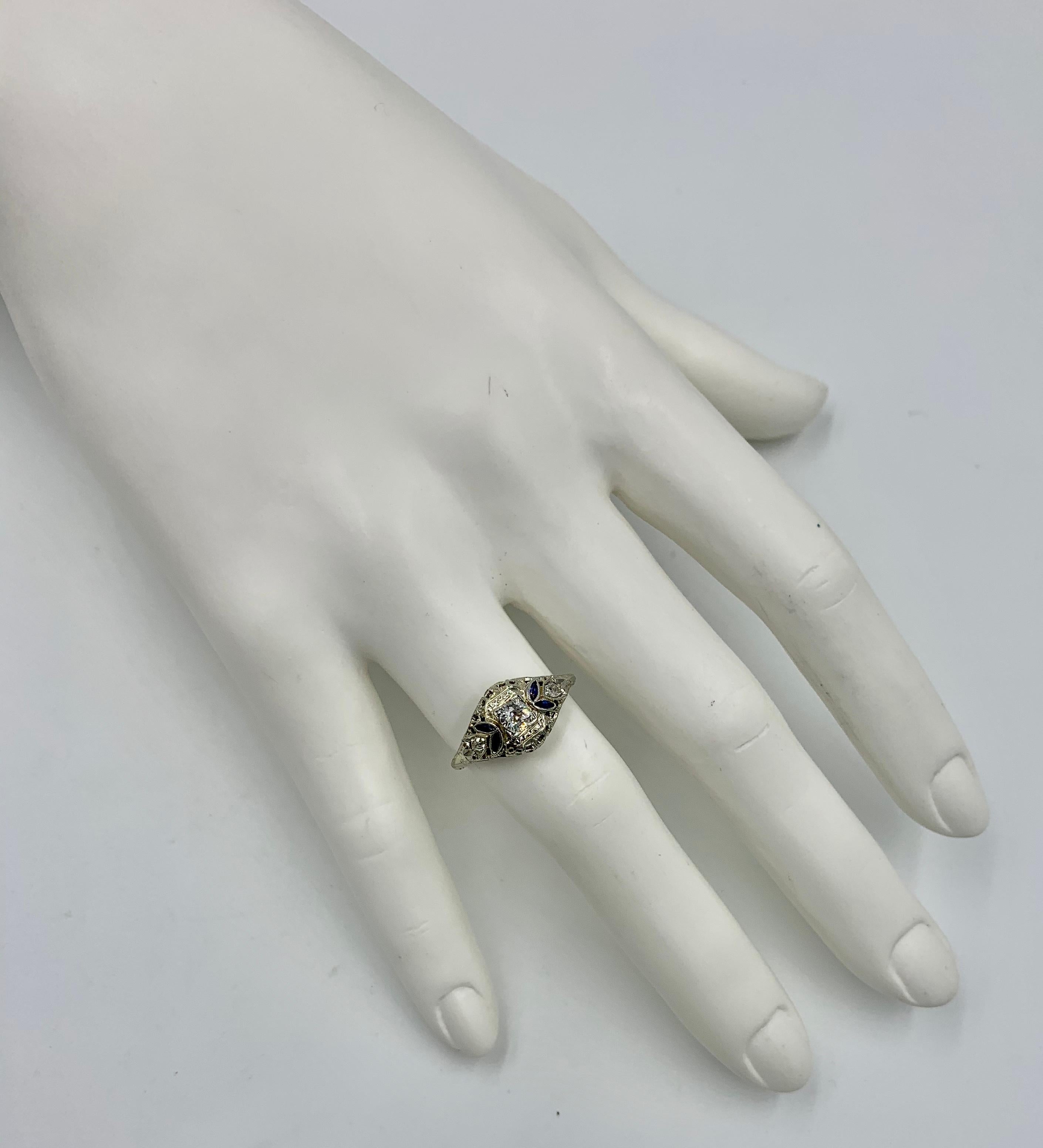 Art Deco Diamond Sapphire Wedding Engagement Ring 18 Karat White Gold Stacking For Sale 6