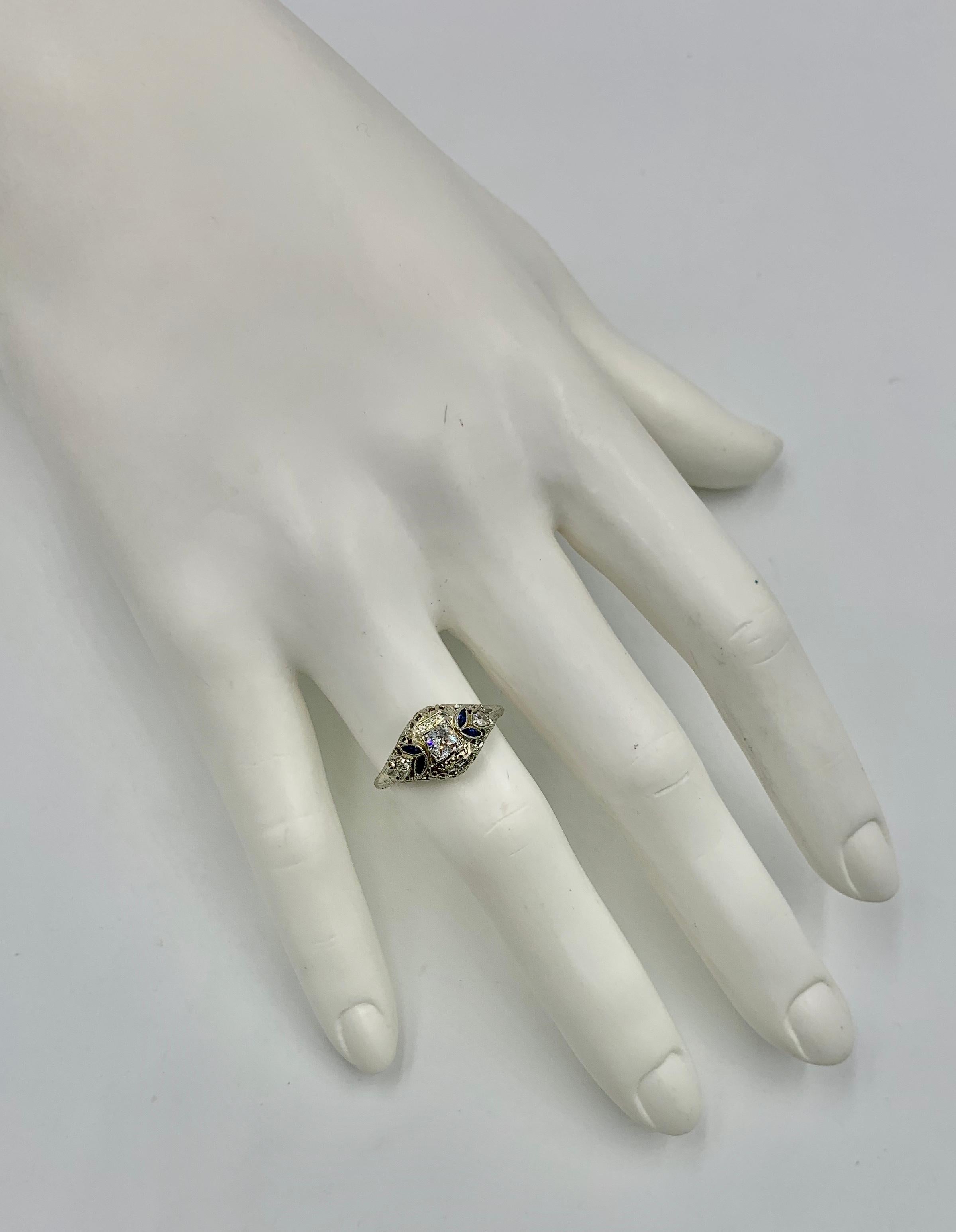Art Deco Diamond Sapphire Wedding Engagement Ring 18 Karat White Gold Stacking For Sale 7