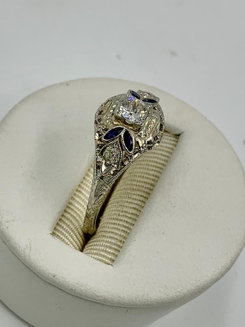 Old European Cut Art Deco Diamond Sapphire Wedding Engagement Ring 18 Karat White Gold Stacking For Sale