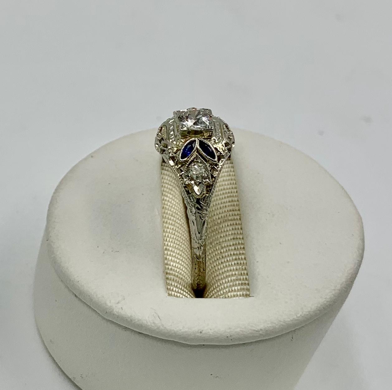 Art Deco Diamond Sapphire Wedding Engagement Ring 18 Karat White Gold Stacking In Good Condition For Sale In New York, NY