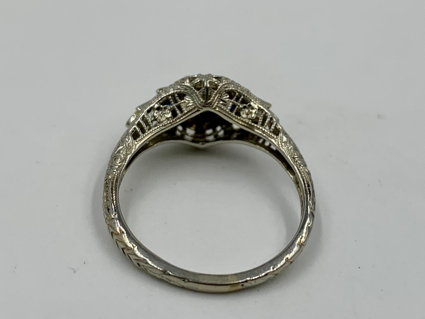 Women's Art Deco Diamond Sapphire Wedding Engagement Ring 18 Karat White Gold Stacking For Sale