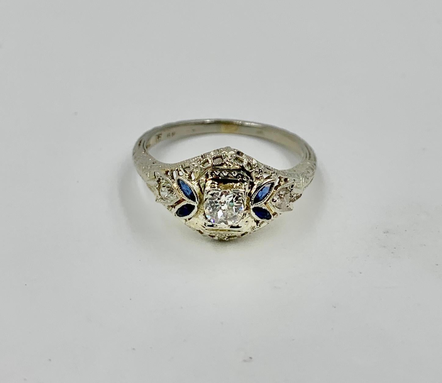 Art Deco Diamond Sapphire Wedding Engagement Ring 18 Karat White Gold Stacking For Sale 1