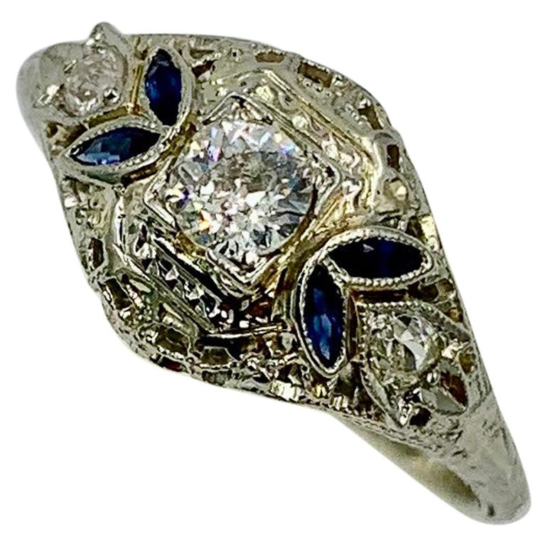 Art Deco Diamond Sapphire Wedding Engagement Ring 18 Karat White Gold Stacking For Sale