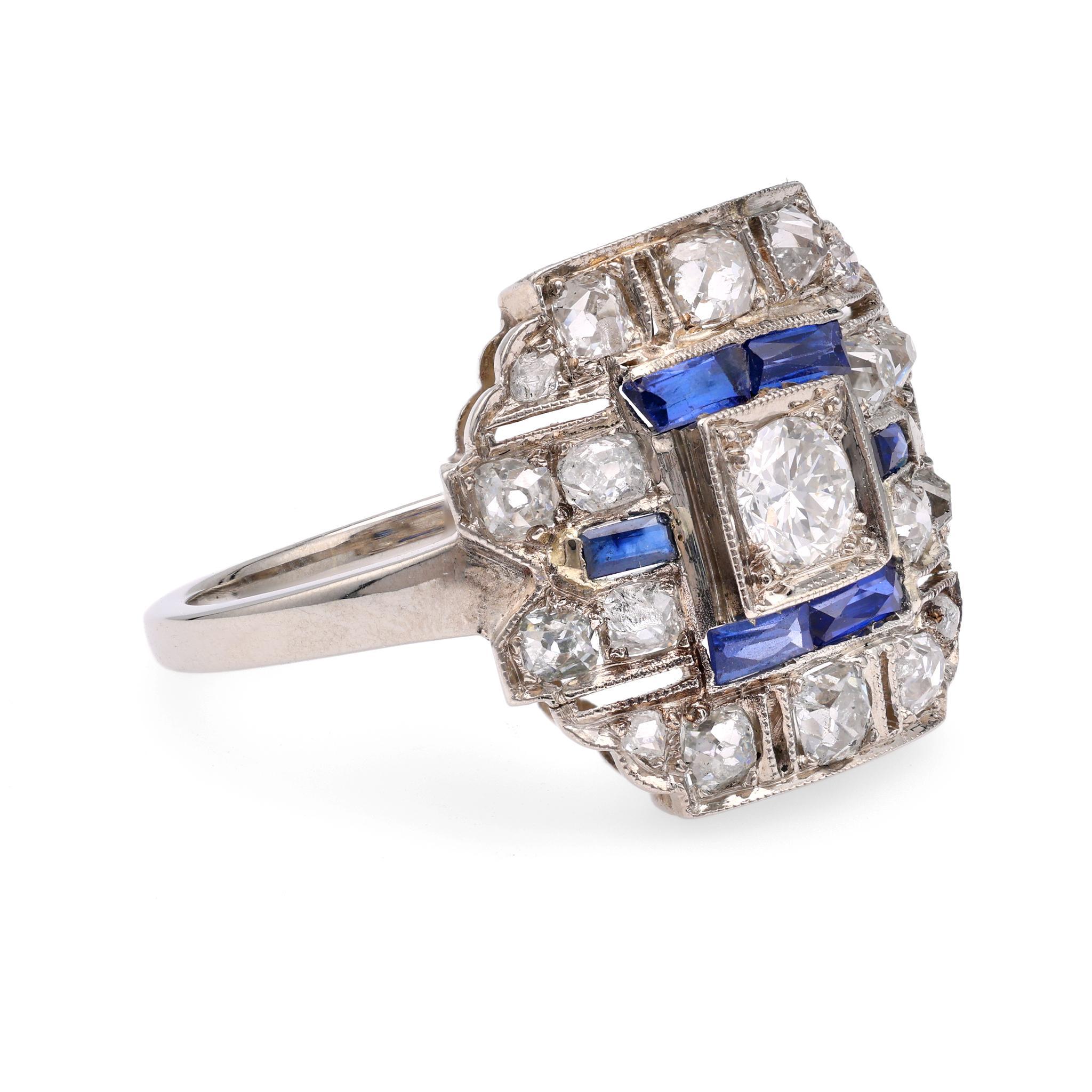 Old European Cut Art Deco Diamond Sapphire White gold Ring For Sale