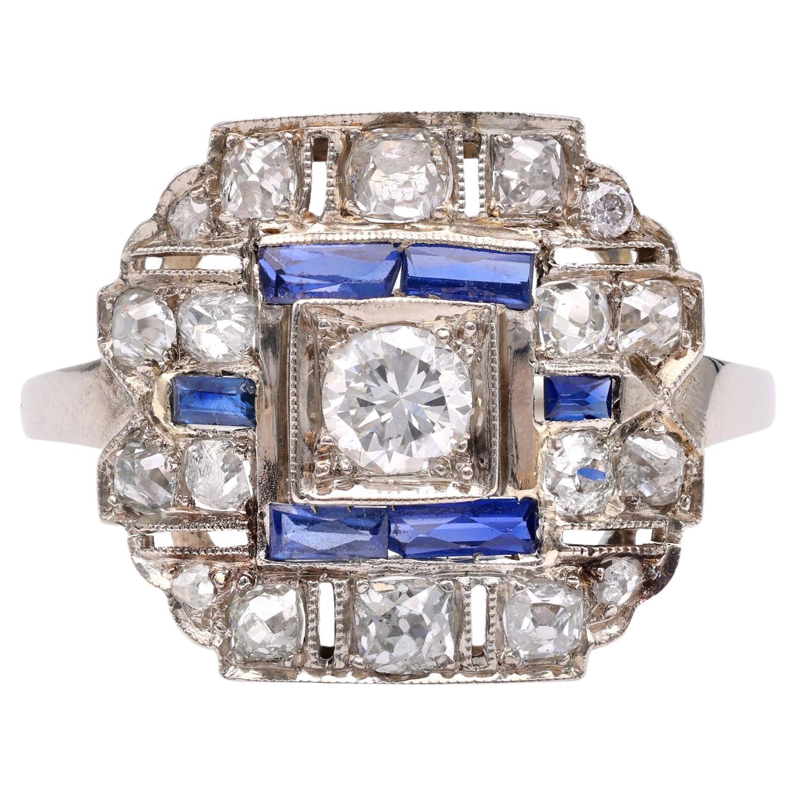 Art Deco Diamond Sapphire White gold Ring For Sale