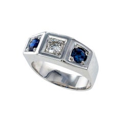Art Deco 1930s Diamond Sapphire 18k White Gold Platinum Three Stone Ring